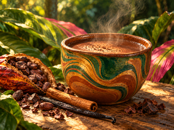 Illustration of a steaming ceramic cup of cacao with cacao pieces, cinnamon and tropical leaves.