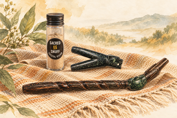 Watercolor illustration based on Sacred Snuff's jaguar kuripe, carved chonta tepi and Crystal Vision glass jar